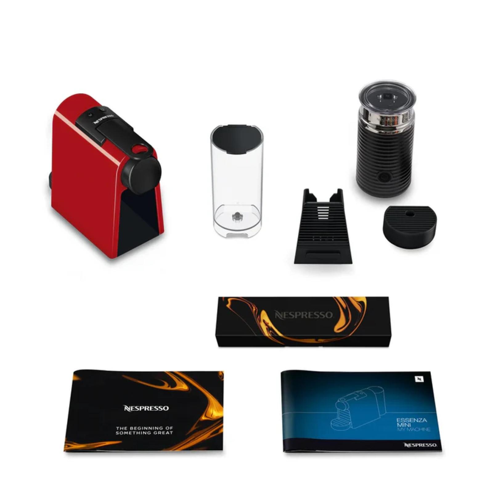 Nespresso Essenza Bundle 1450W Mini Automatic Espresso Machine with Aeroccino Milk Frother - Ruby Red 90009475