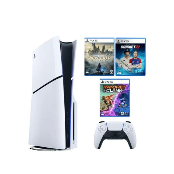 PS5 Slim Bundle | DualSense, Charger, Hogwarts Legacy, Cricket 22, Marvel's Guardians of the Galaxy