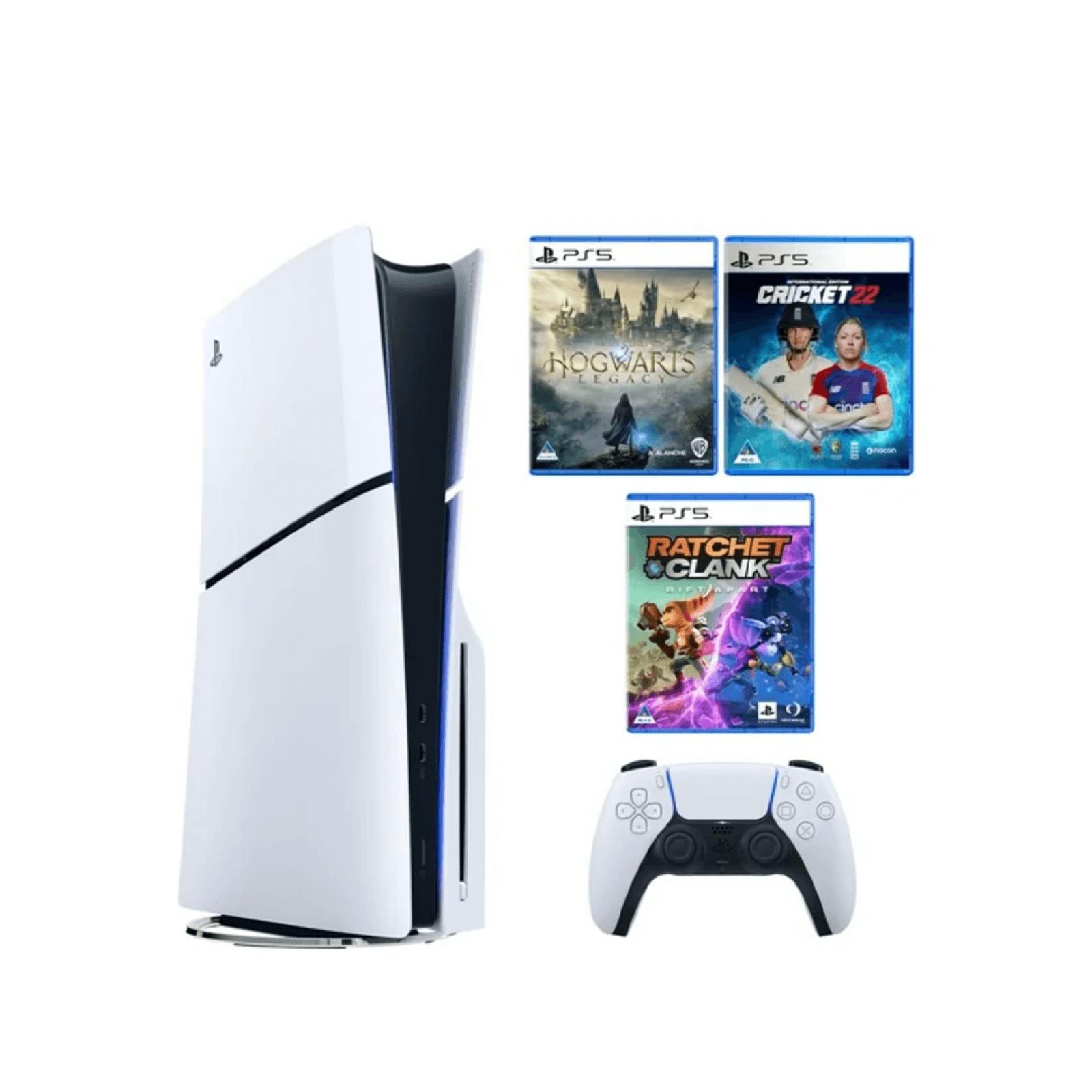 PS5 Slim Bundle | DualSense, Charger, Hogwarts Legacy, Cricket 22, Marvel's Guardians of the Galaxy